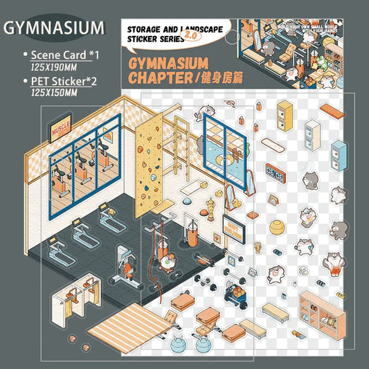 Gymnasium scene sticker set with isometric fitness equipment, pet stickers, and storage elements for DIY 3D scenes