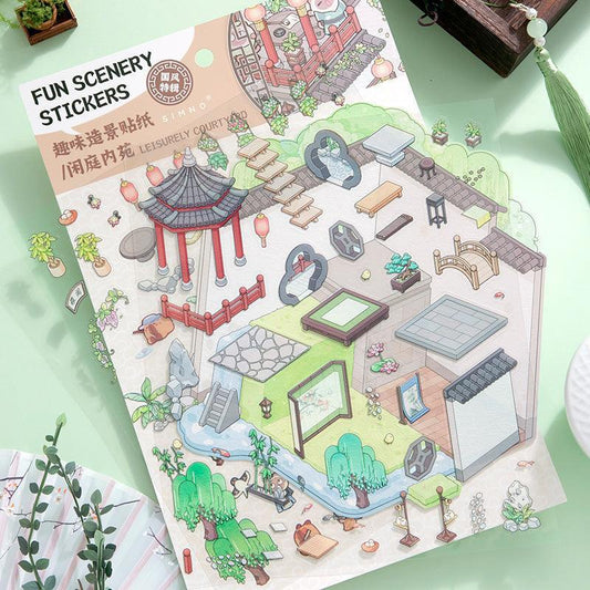 Isometric scene sticker set featuring a traditional courtyard with pavilion, plants, and decor elements.