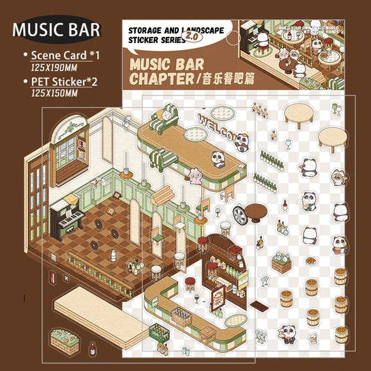 Music bar scene sticker set with isometric 3D design, panda pets, bar counter, piano, and decor elements for DIY tiny worlds