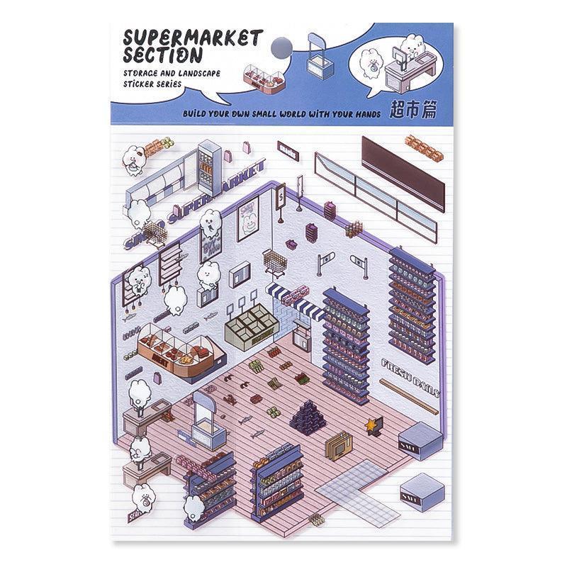 Isometric supermarket scene sticker set with shelves, carts, and cute characters for DIY tiny worlds