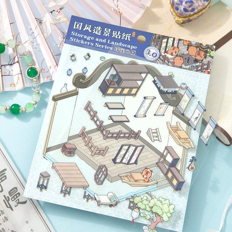 Isometric scene sticker set with traditional Chinese storage & landscape elements, perfect for crafting tiny worlds