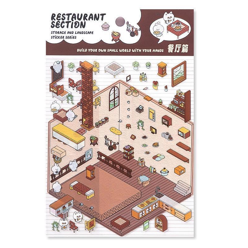 Isometric restaurant scene sticker set for building tiny 3D worlds, featuring furniture, food, and cute characters