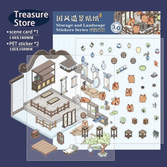 Isometric scene sticker set with traditional room decor, storage, and landscape elements for DIY tiny worlds