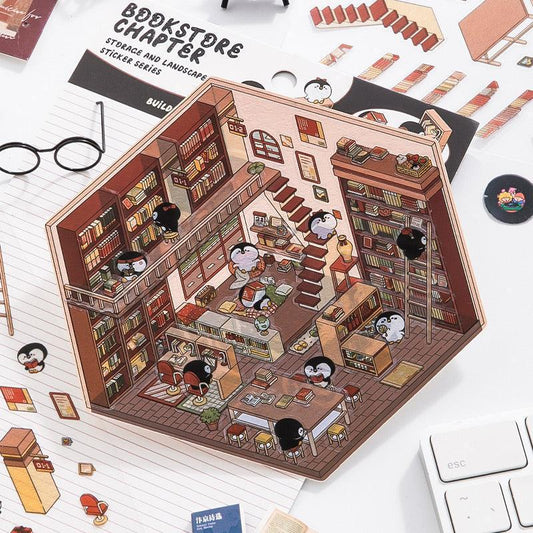 Isometric bookstore scene sticker with penguin characters, bookshelves, and cozy reading nooks