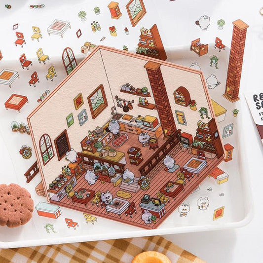 Isometric scene sticker set with cozy 3D room, furniture, and cute characters for DIY tiny worlds