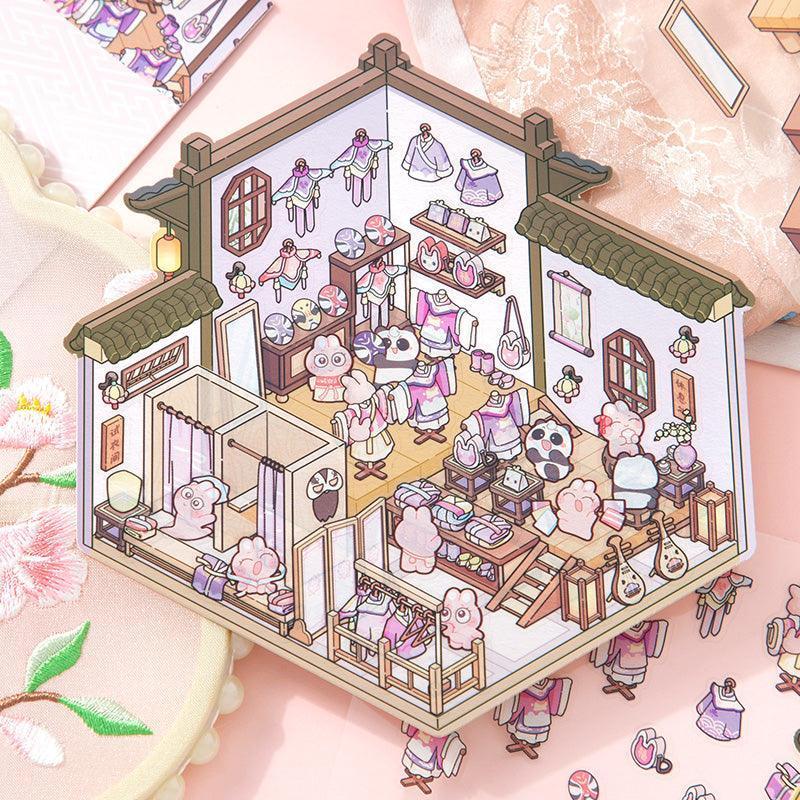 Isometric scene sticker of a cozy Japanese-style shop with cute characters, clothing, and decor details