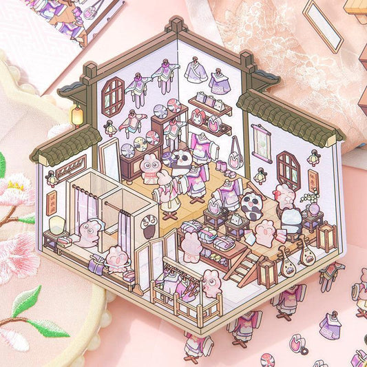 Isometric scene sticker of a cozy Japanese-style shop with cute characters, clothing, and decor details