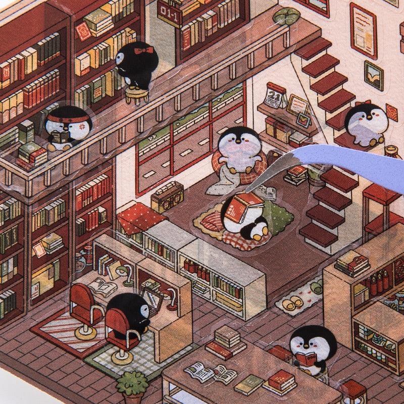 Isometric penguin scene sticker set in cozy library with bookshelves, stairs, and reading nooks
