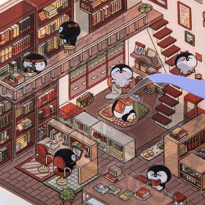 Isometric penguin scene sticker set in cozy library with bookshelves, stairs, and reading nooks