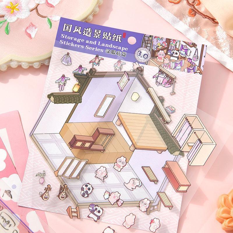 Isometric scene sticker set with traditional Chinese store interior, featuring furniture, clothing racks, and cute characters for DIY 3D scenes.