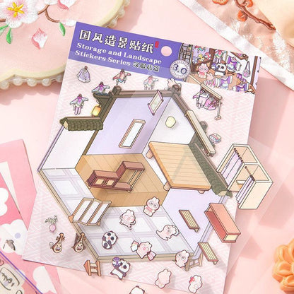 Isometric scene sticker set with traditional Chinese store interior, featuring furniture, clothing racks, and cute characters for DIY 3D scenes.
