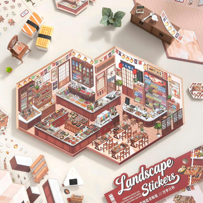 Model of a restaurant interior with miniature furniture and decor, surrounded by additional stickers.