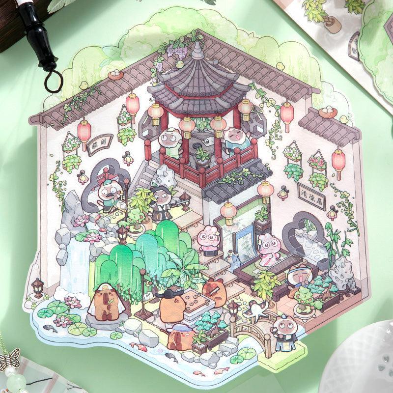 Isometric scene sticker with cute characters in a traditional Japanese garden, featuring lanterns, koi pond, and pagoda