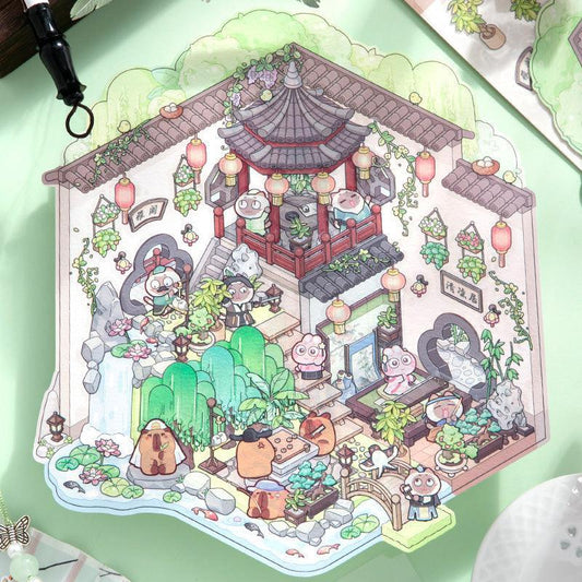 Isometric scene sticker with cute characters in a traditional Japanese garden, featuring lanterns, koi pond, and pagoda