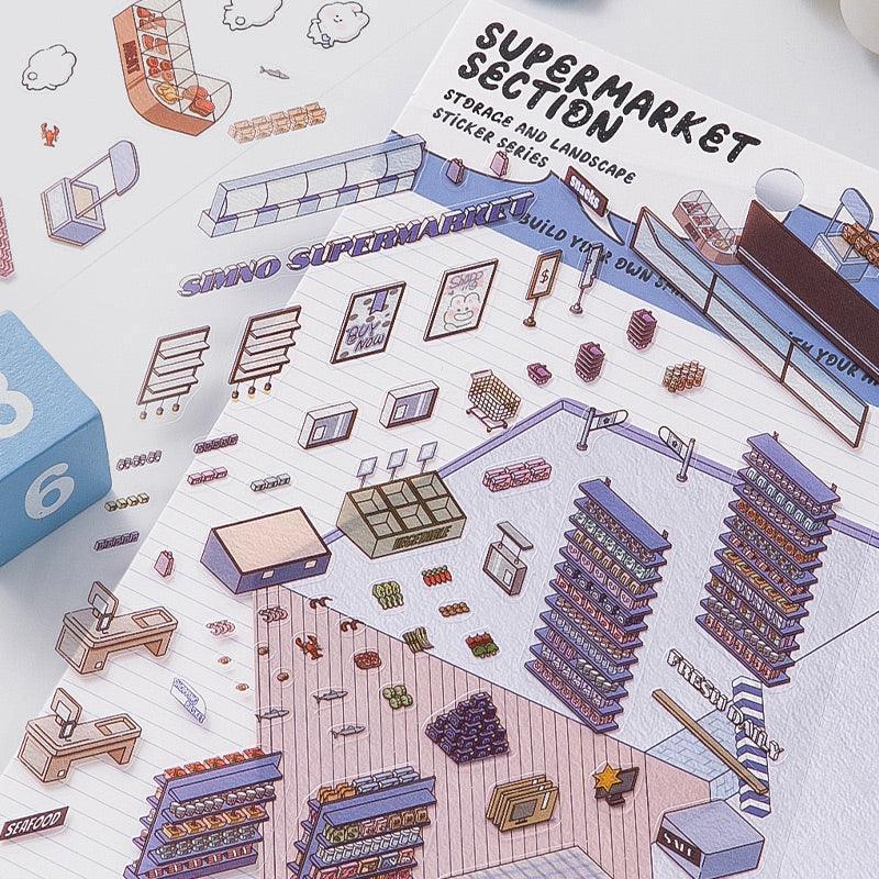 Isometric supermarket scene sticker set with shelves, carts, and checkout counters for creative 3D dioramas