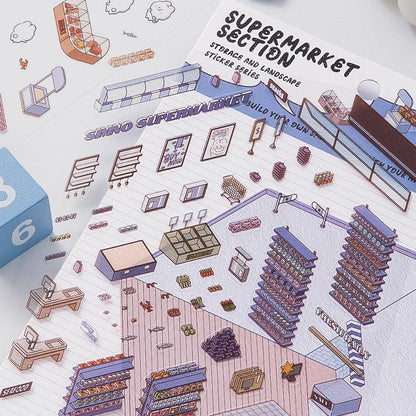Isometric supermarket scene sticker set with shelves, carts, and checkout counters for creative 3D dioramas