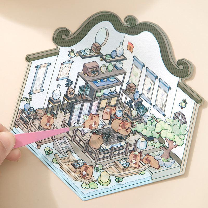 Isometric scene sticker with cozy room, cute animals, and 3D details for creative DIY decor
