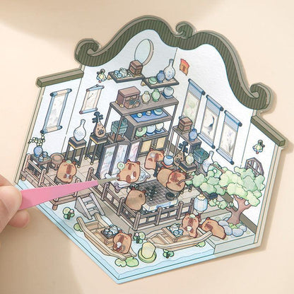 Isometric scene sticker with cozy room, cute animals, and 3D details for creative DIY decor