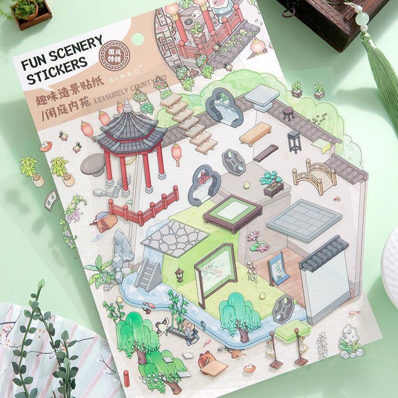 Isometric scene sticker set featuring a traditional courtyard with pavilion, plants, and decor elements.