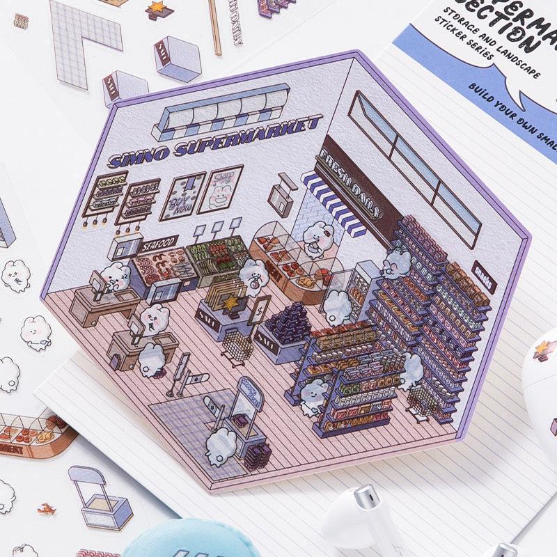 Isometric supermarket scene sticker with cute cloud characters, shelves, and checkout—perfect for 3D sticker collections.