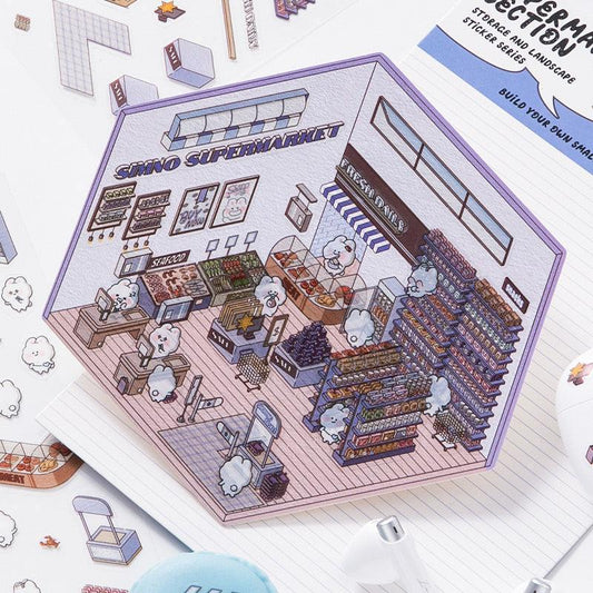 Isometric supermarket scene sticker with cute cloud characters, shelves, and checkout—perfect for 3D sticker collections.