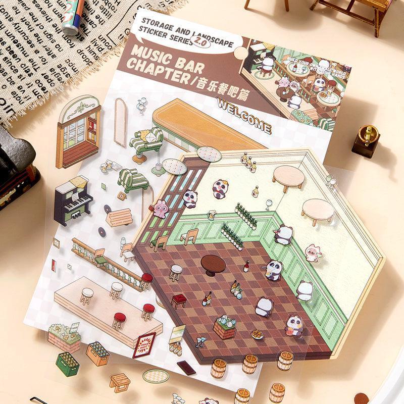 Music bar scene sticker set with isometric 3D design, cute panda characters, and cozy café elements for creative DIY decoration