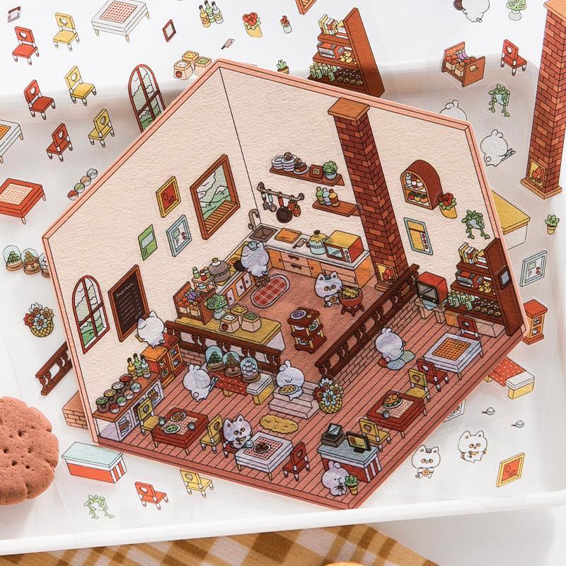 Isometric scene sticker of cozy kitchen with cute animals, perfect for creating tiny 3D worlds