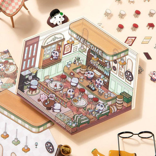 Isometric scene sticker of cozy café with panda characters, bar, tables, and 'WELCOME' sign