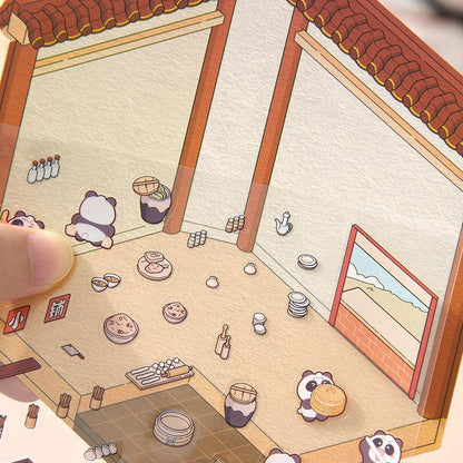 Isometric scene sticker set with panda chefs in a cozy kitchen, perfect for creating 3D sticker scenes