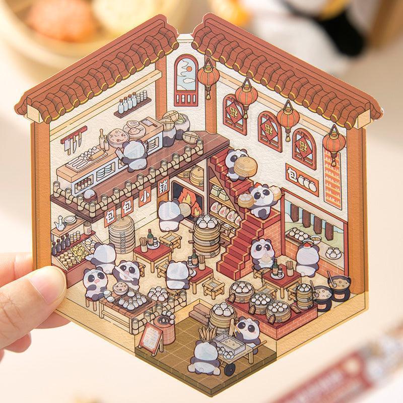 Cute panda scene sticker of a bustling Chinese dim sum shop with steaming baskets and red lanterns