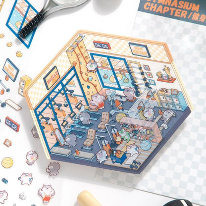 Isometric gym scene sticker with cute characters, workout equipment, and 3D details for creative DIY projects.