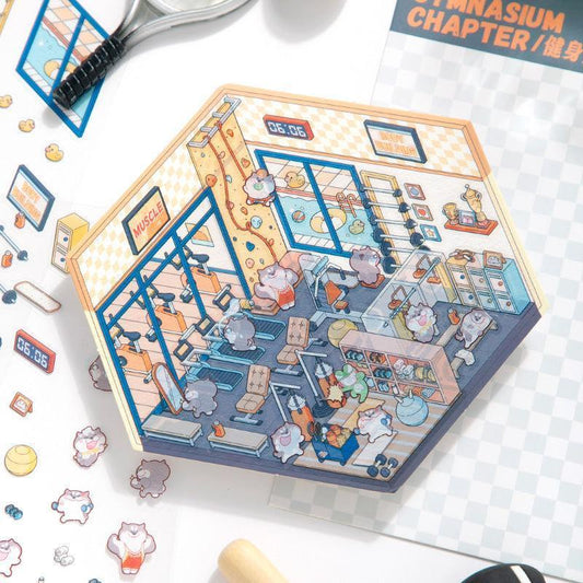 Isometric gym scene sticker with cute characters, workout equipment, and 3D details for creative DIY projects.