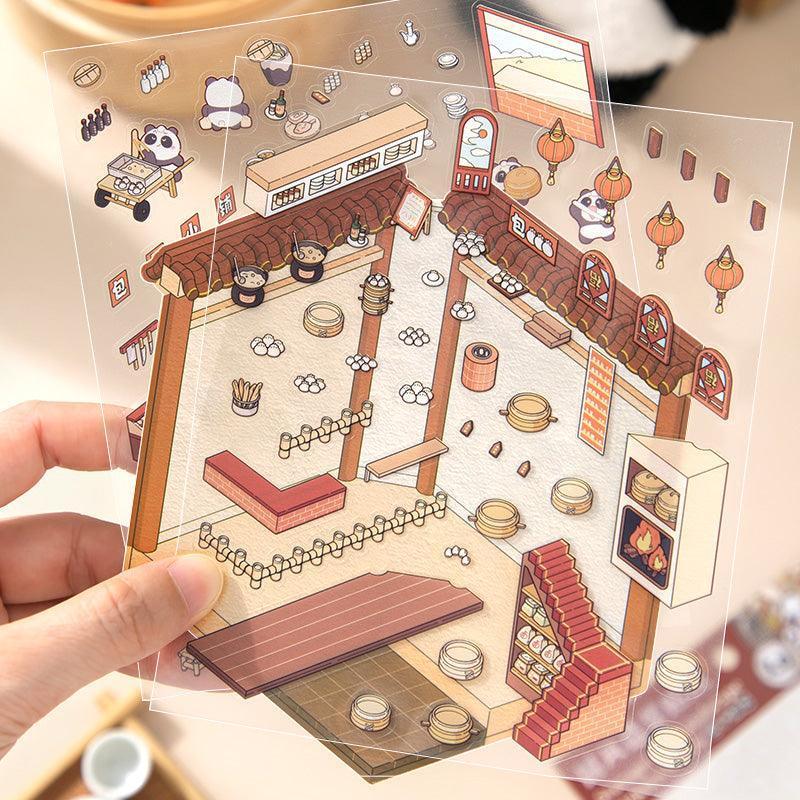 Isometric scene sticker set with panda, lanterns, and food stall details for DIY tiny worlds