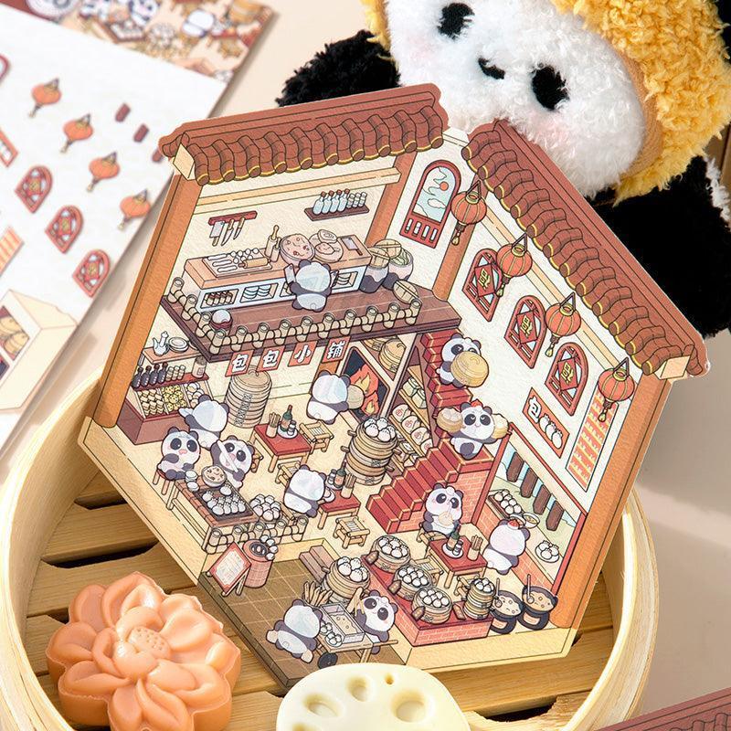 Adorable panda-themed isometric scene sticker set with dumpling shop details, perfect for creating cozy 3D sticker worlds.