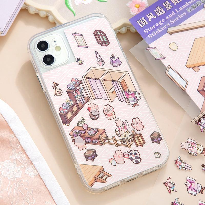 Cute isometric scene sticker set on phone case, featuring cozy room decor and characters for DIY 3D scenes