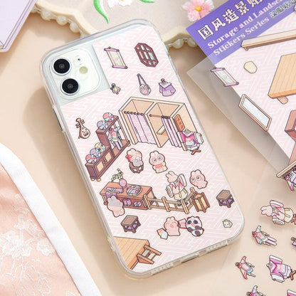 Cute isometric scene sticker set on phone case, featuring cozy room decor and characters for DIY 3D scenes