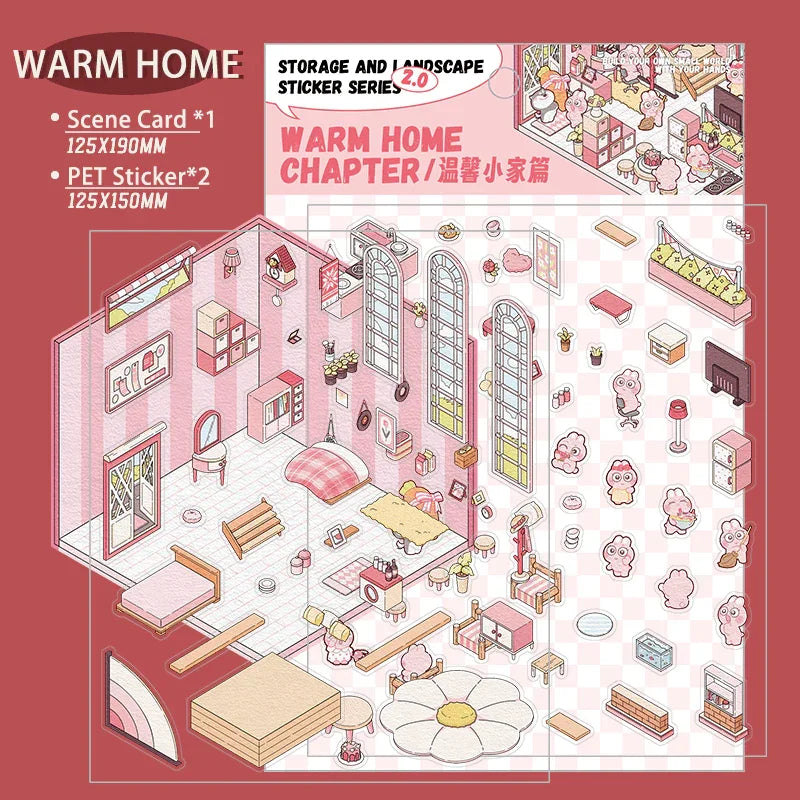 Warm Home scene sticker set with isometric room, pet stickers, and cozy decor elements for DIY 3D scenes