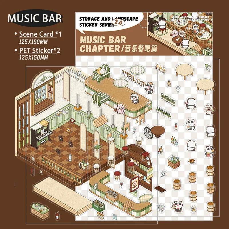 Music bar scene sticker set with isometric 3D design, panda pets, bar counter, piano, and decor elements for DIY tiny worlds