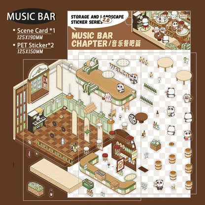 Music bar scene sticker set with isometric 3D design, panda pets, bar counter, piano, and decor elements for DIY tiny worlds
