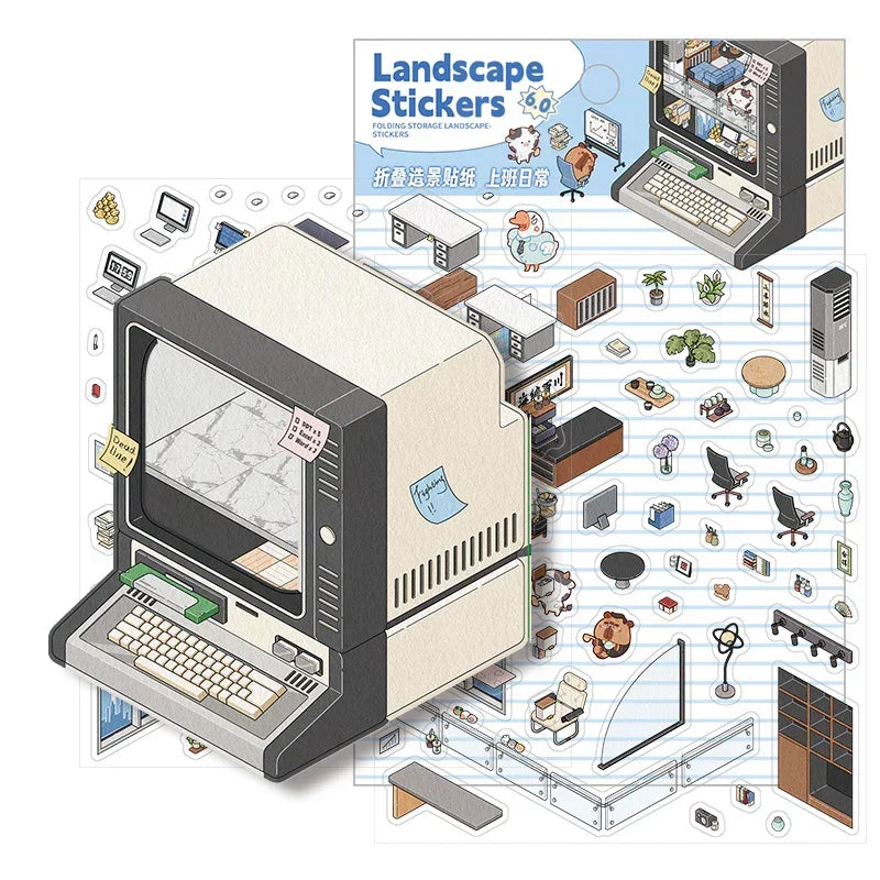 [Computer] Isometric Miniature Sticker Scene Card - Cozy Sticker Room