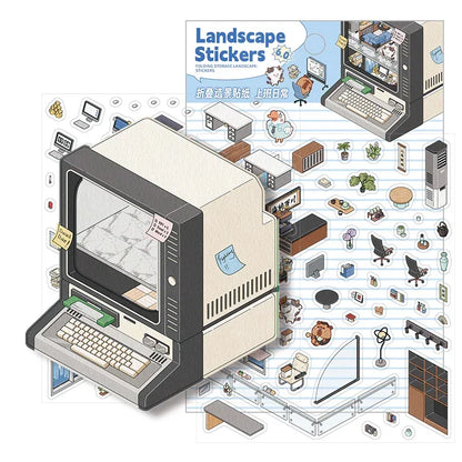 [Computer] Isometric Miniature Sticker Scene Card - Cozy Sticker Room