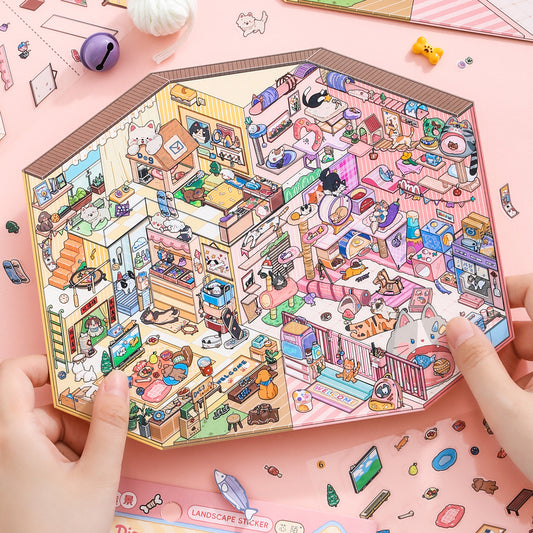 [Cat and Dog Diary] Interactive 2-in-1 Isometric Scene Stickers