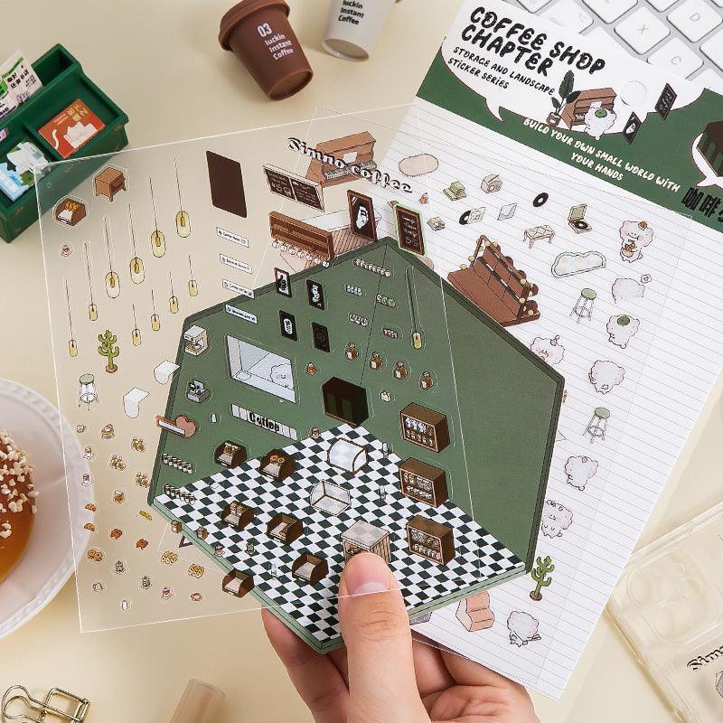Isometric coffee shop scene sticker set with 3D interior, checkered floor, and decor elements for DIY tiny worlds