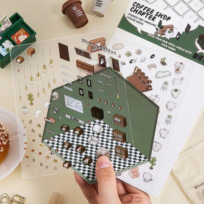 Isometric coffee shop scene sticker set with 3D interior, checkered floor, and decor elements for DIY tiny worlds