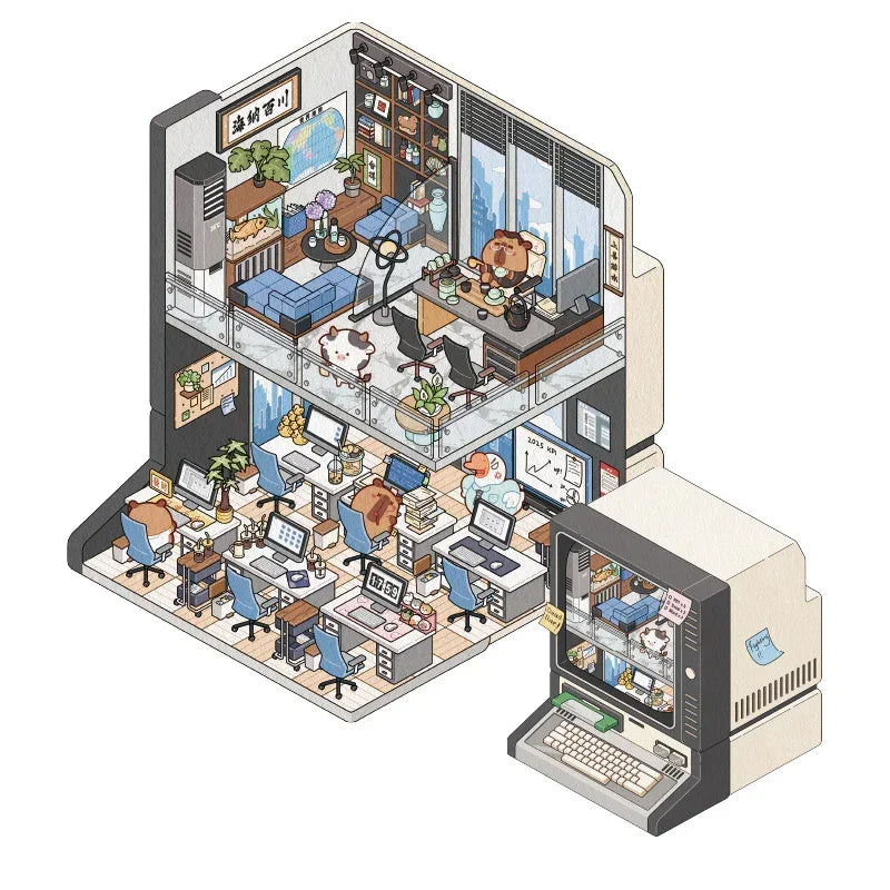 [Computer] Isometric Miniature Sticker Scene Card - Cozy Sticker Room