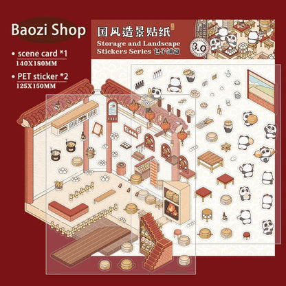 Isometric scene sticker set with panda-themed bakery, storage, and landscape elements for creative 3D dioramas