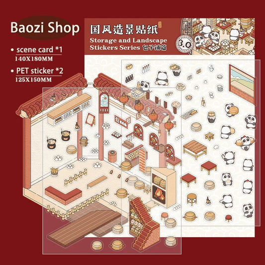 Isometric scene sticker set with panda-themed bakery, storage, and landscape elements for creative 3D dioramas