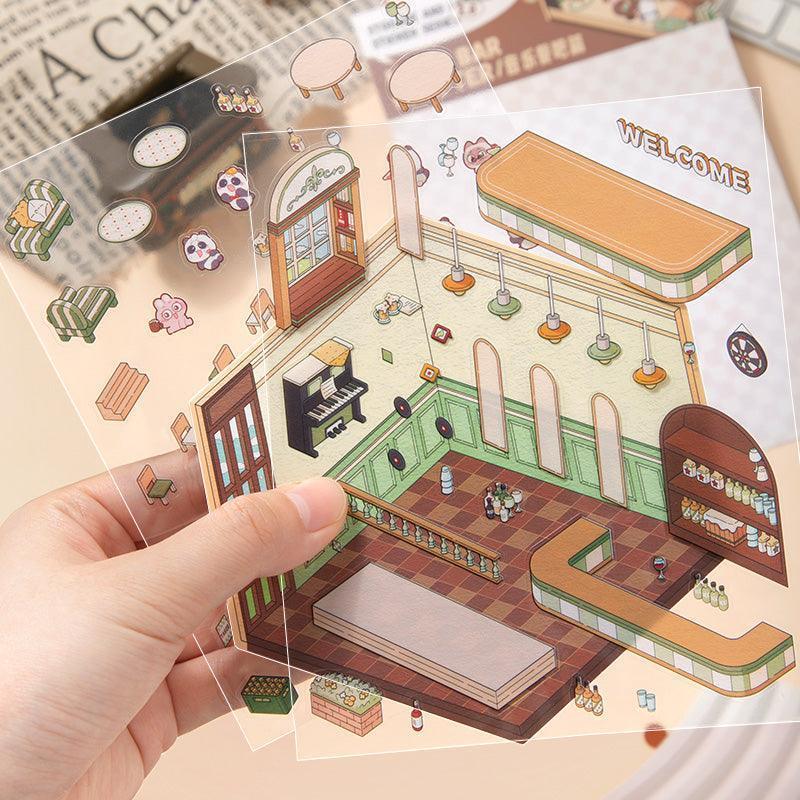 Isometric scene sticker set of cozy café interior with piano, bar, and seating — perfect for 3D sticker scenes