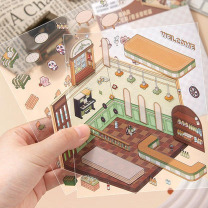 Isometric scene sticker set of cozy café interior with piano, bar, and seating — perfect for 3D sticker scenes