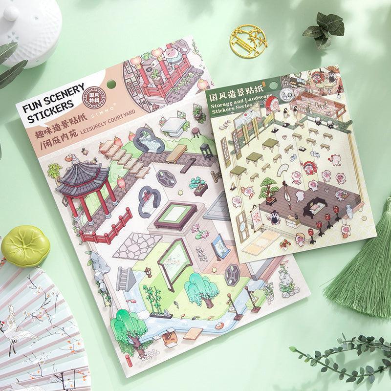 [Chinese Tranquil Courtyard] XL Series Isometric Scene Stickers - Cozy Sticker Room